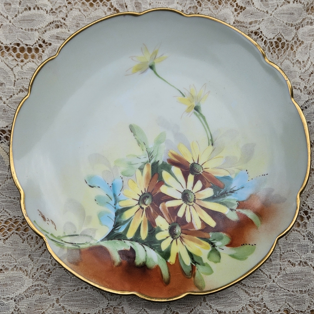Floral Decorative Plate with Gold Trim Antique Donath Studios w Yellow Fower